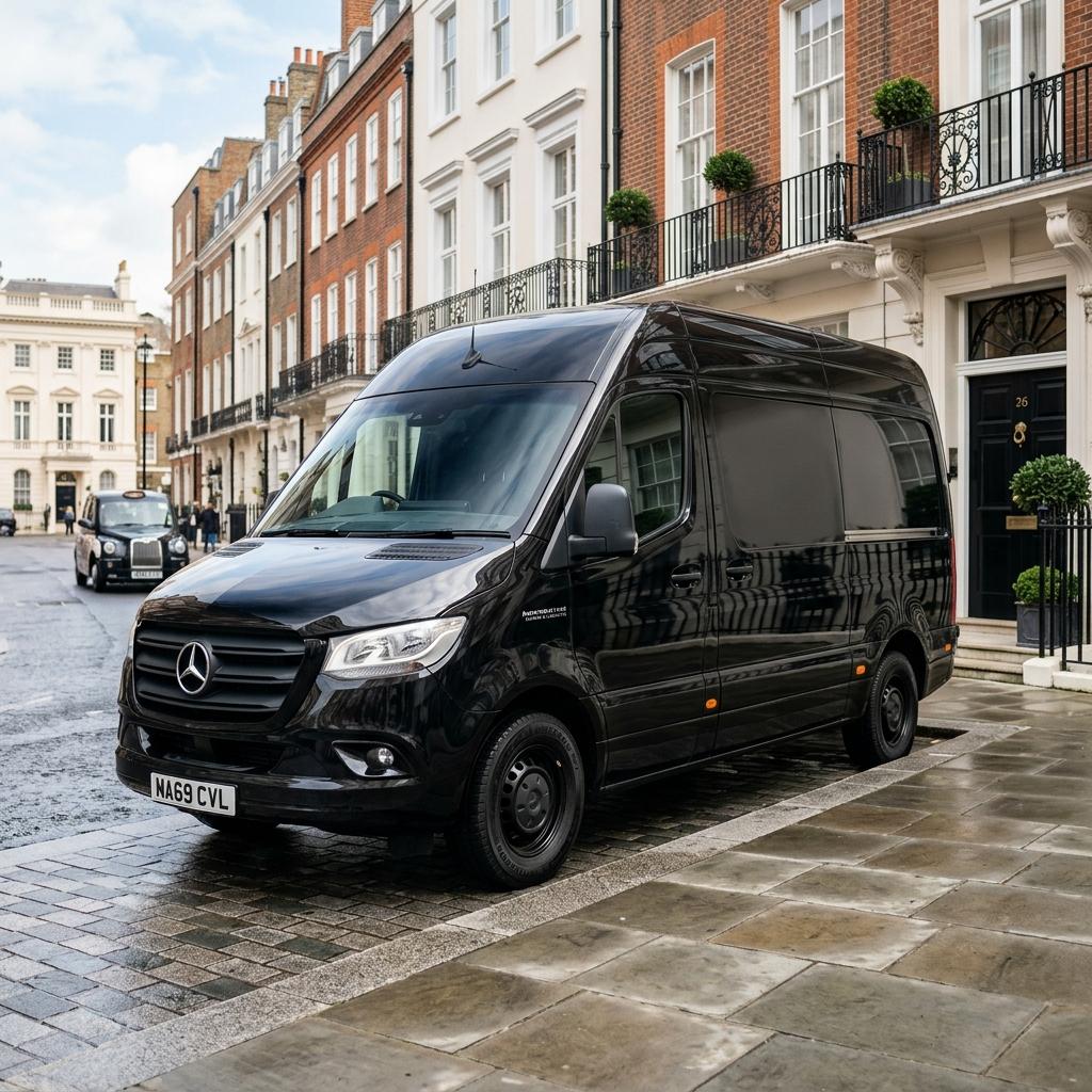 Black Key Enterprise Mercedes Sprinter courier van collecting a delivery in Essex