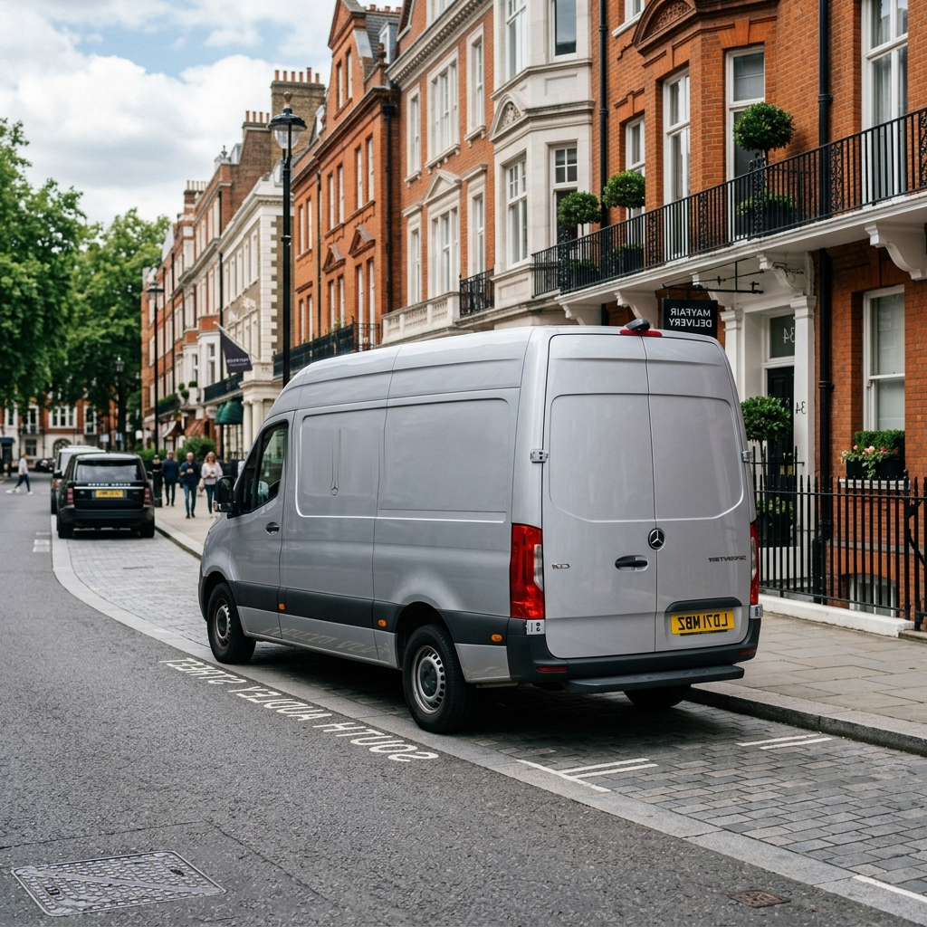Mercedes Sprinter cargo van on a London street ready for a same-day courier run